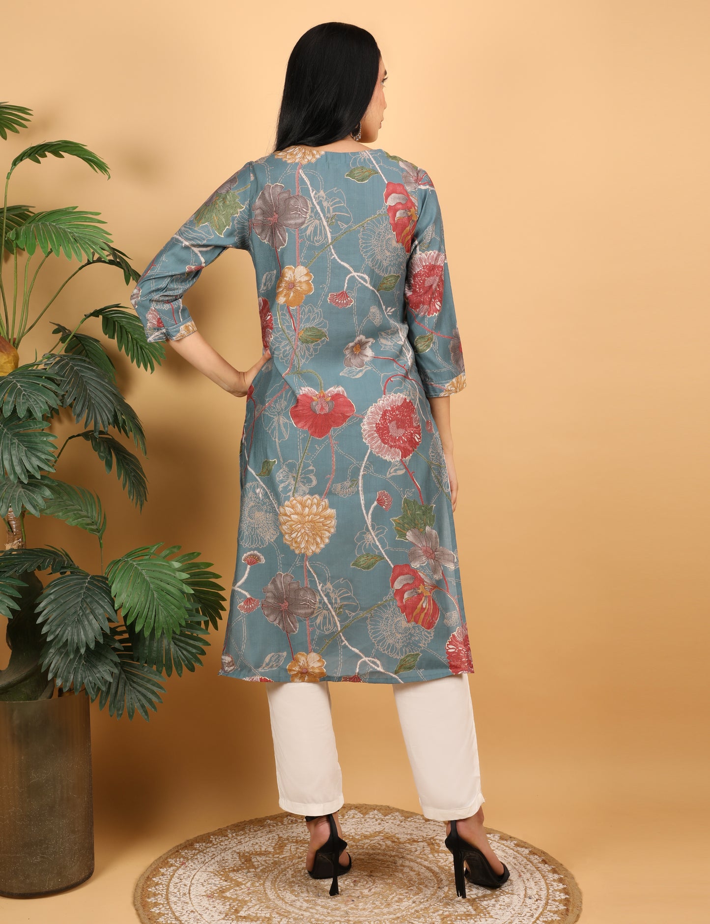 TEAL BLUE FLORAL PRINT  COTTON KURTA