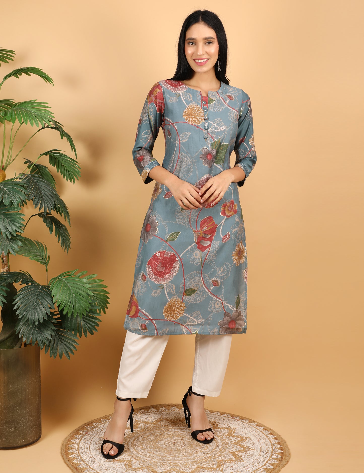 TEAL BLUE FLORAL PRINT  COTTON KURTA