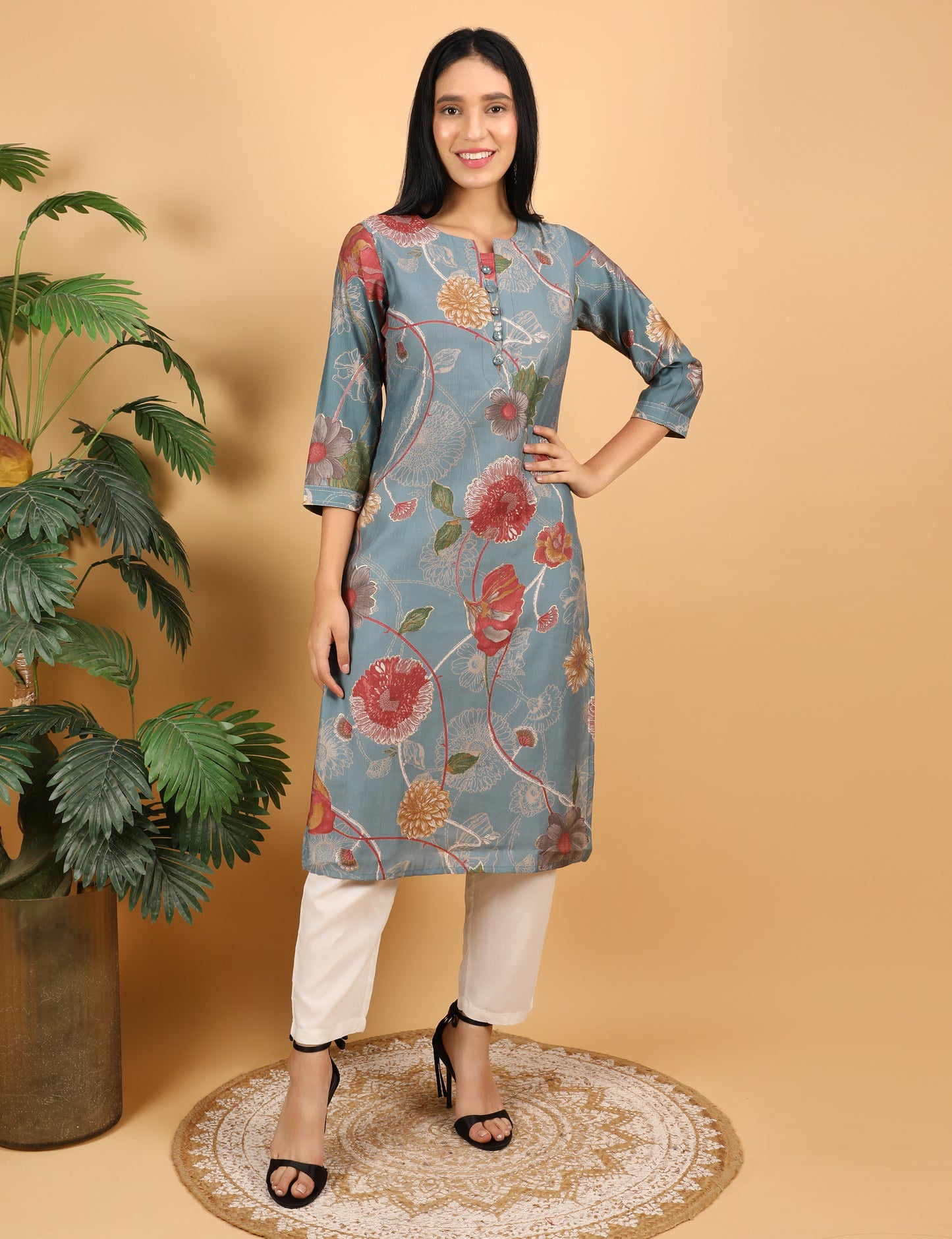 TEAL BLUE FLORAL PRINT  COTTON KURTA
