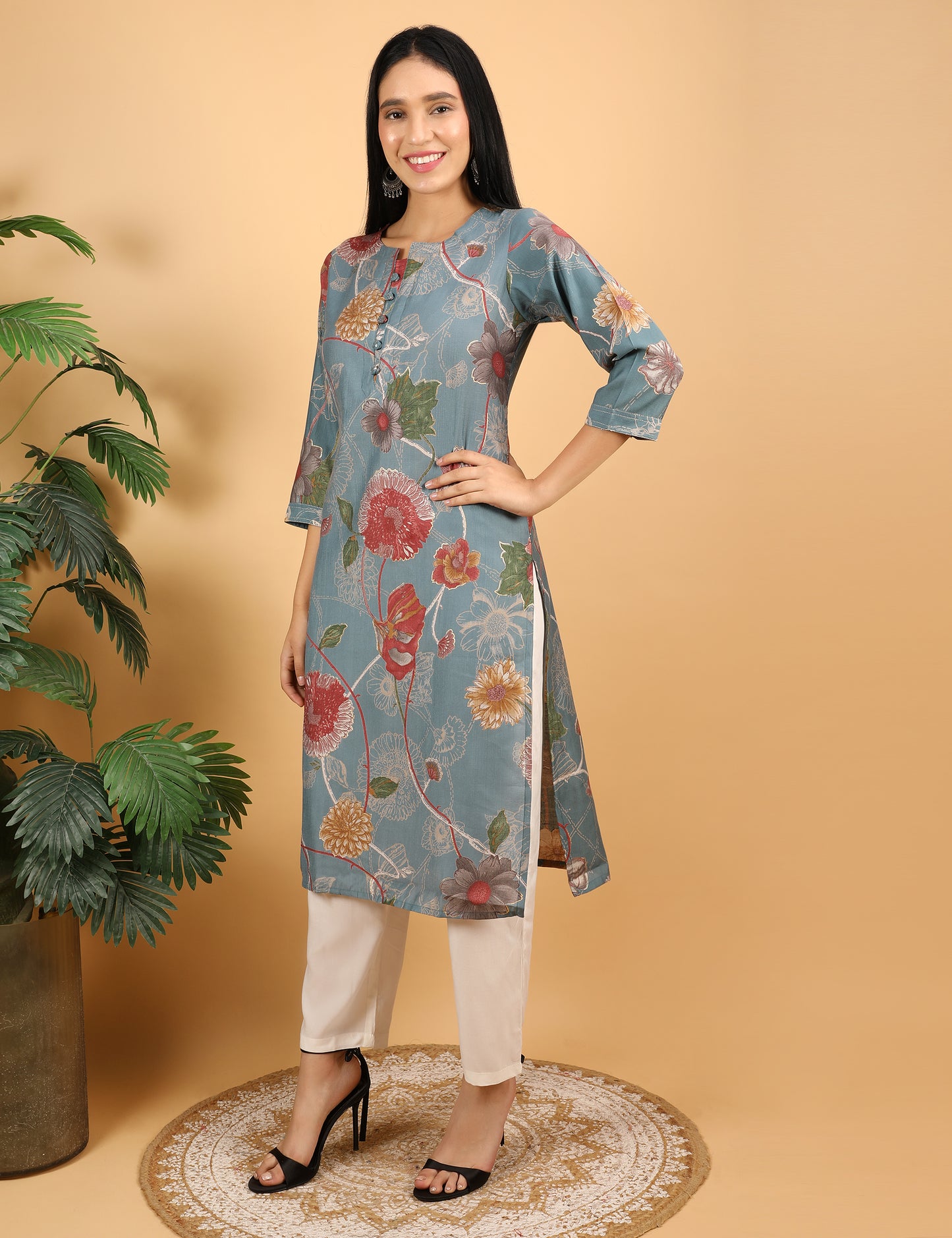TEAL BLUE FLORAL PRINT  COTTON KURTA