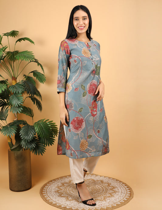 TEAL BLUE FLORAL PRINT  COTTON KURTA