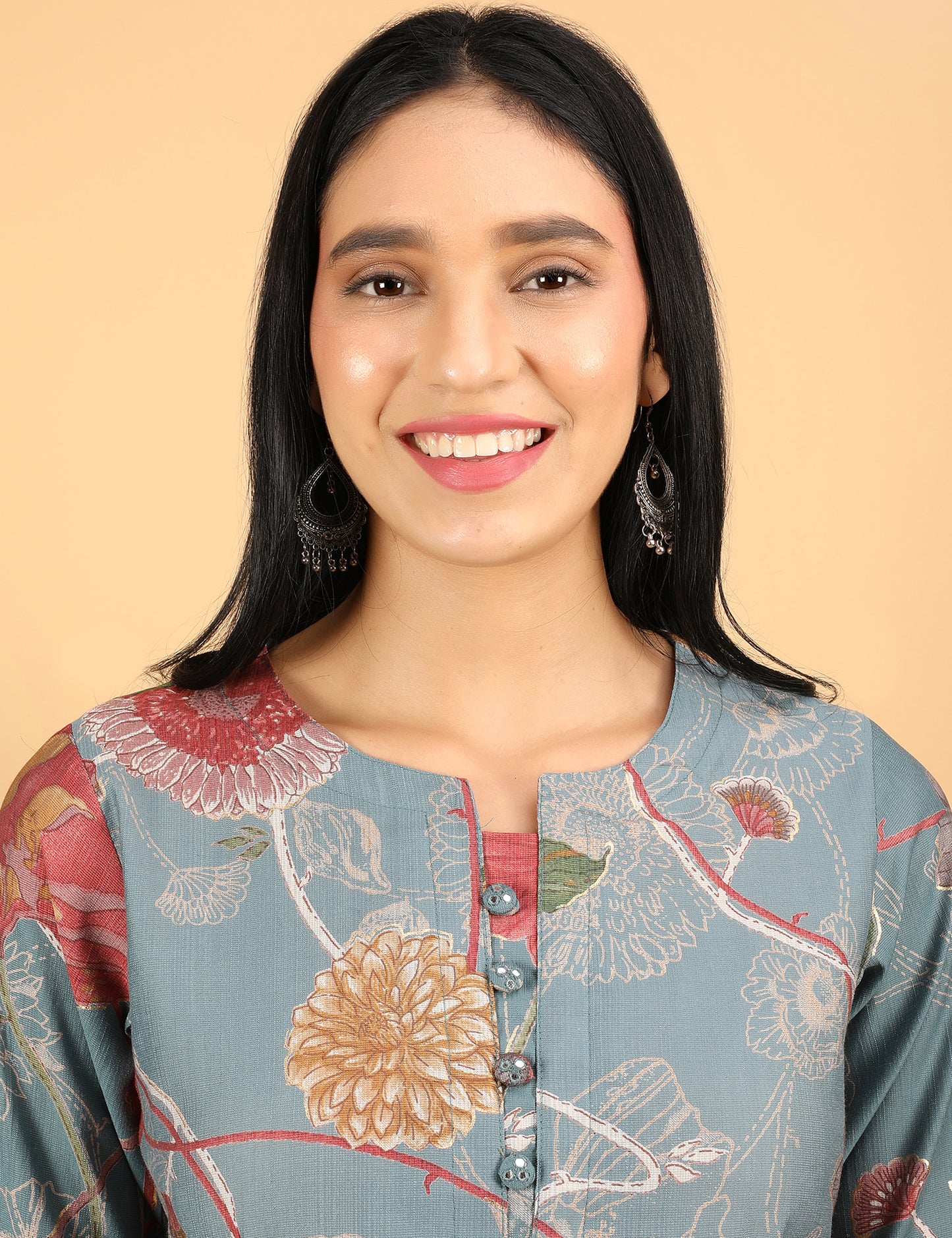 TEAL BLUE FLORAL PRINT  COTTON KURTA