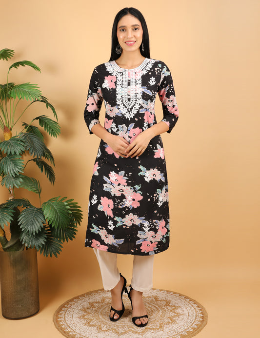 REYON BLACK FLORAL PRINT CHIKIN WORK KURTA SET