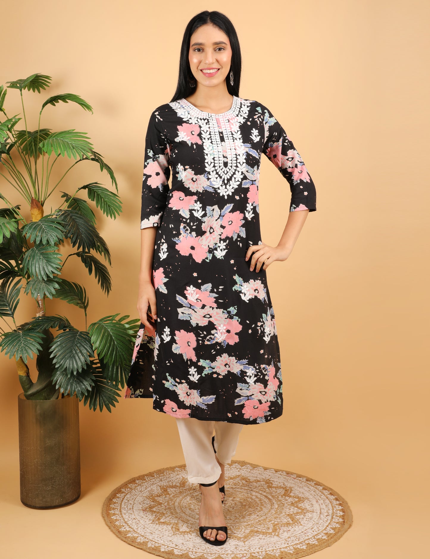 REYON BLACK FLORAL PRINT CHIKIN WORK KURTA SET