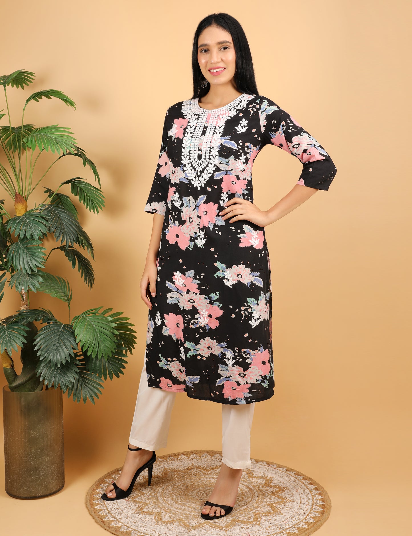 REYON BLACK FLORAL PRINT CHIKIN WORK KURTA SET