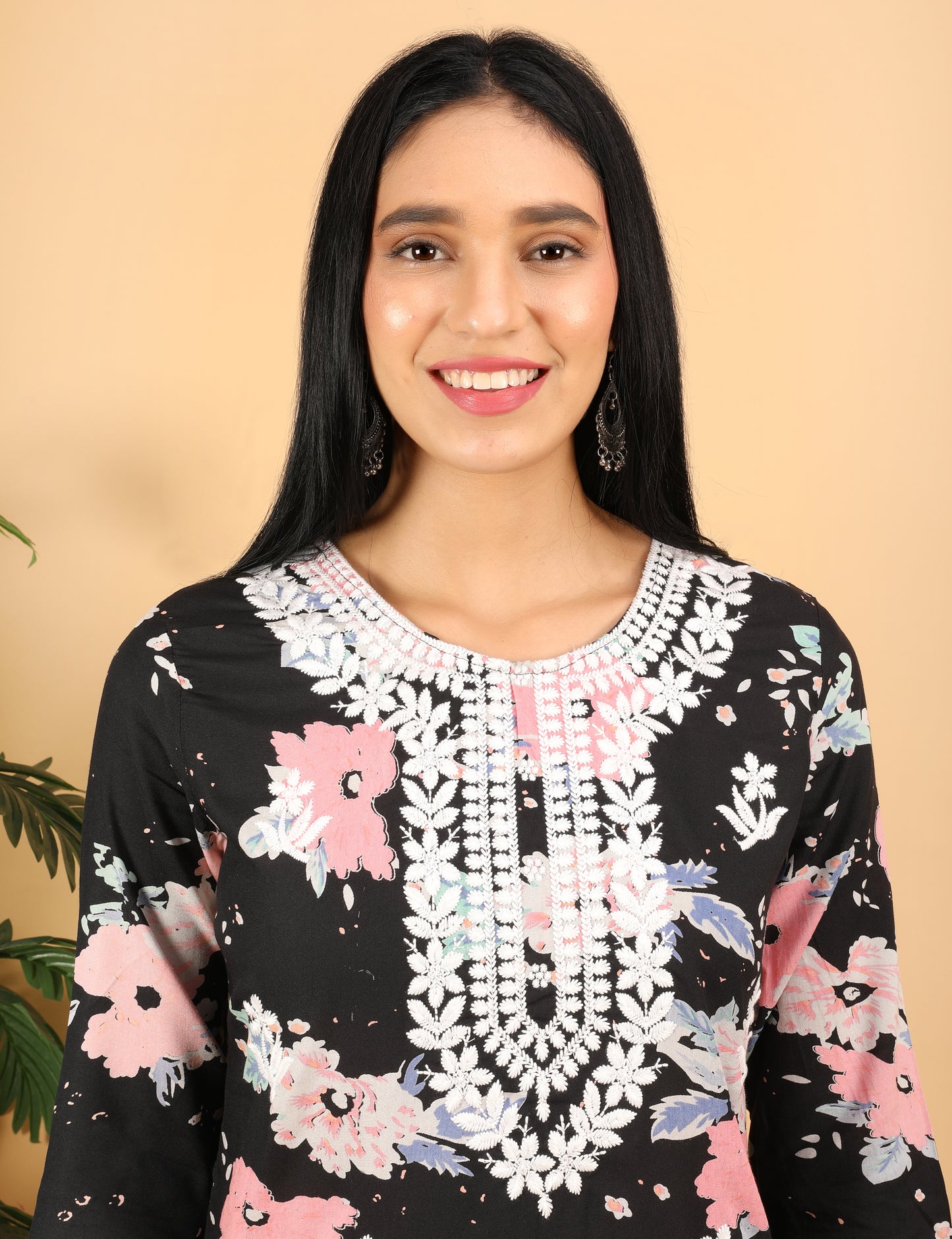 REYON BLACK FLORAL PRINT CHIKIN WORK KURTA SET