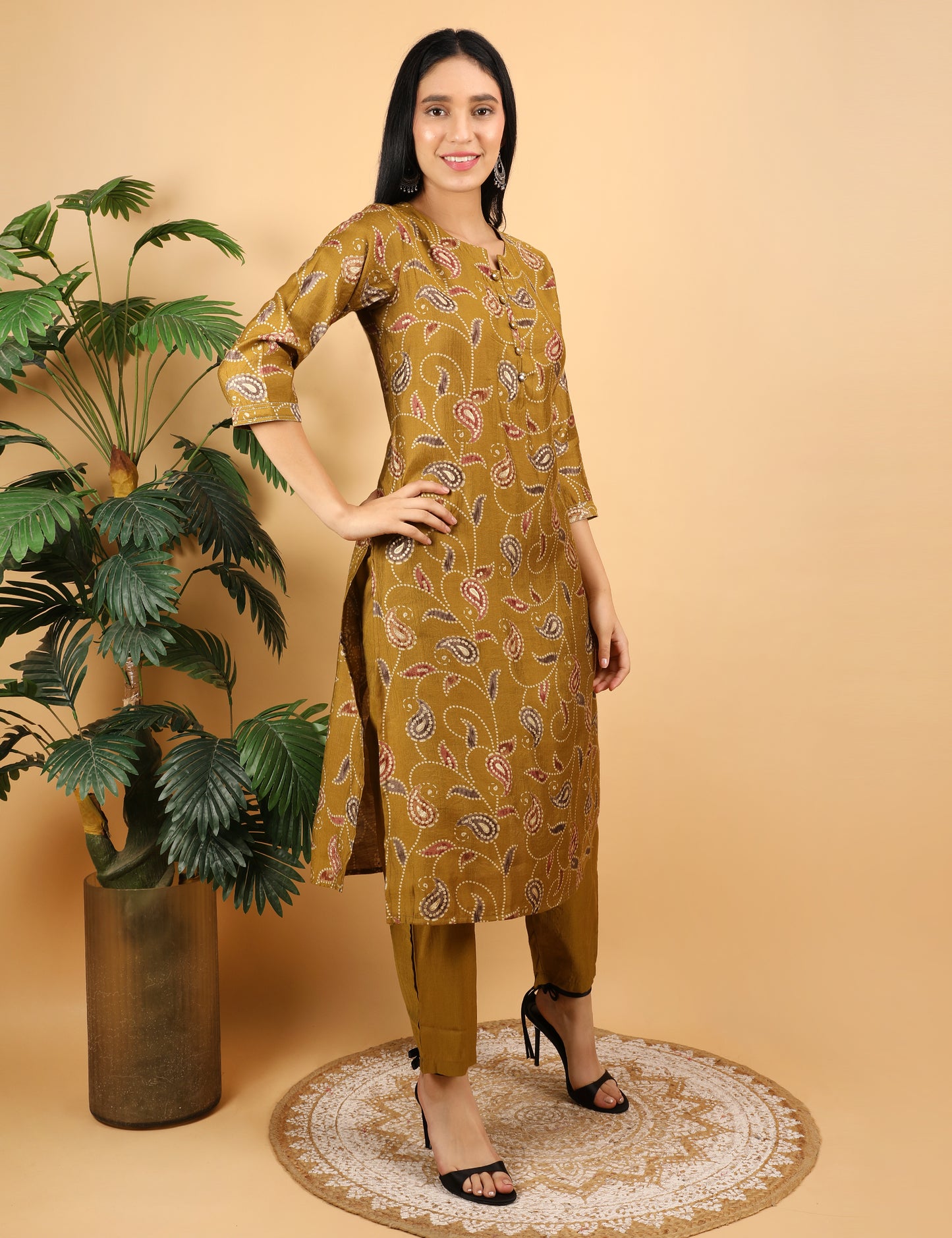 MUSTARD COTTON PRINTED KURTA SET
