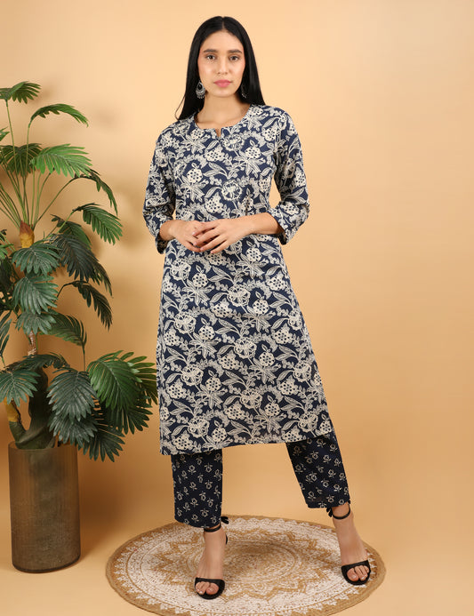 NAVY BLUE COTTON PRINTED KURTA SET