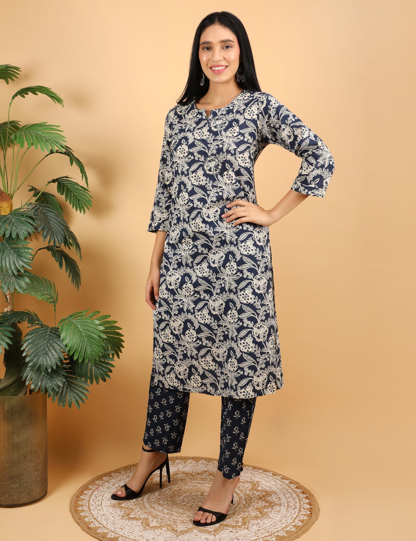 NAVY BLUE COTTON PRINTED KURTA SET