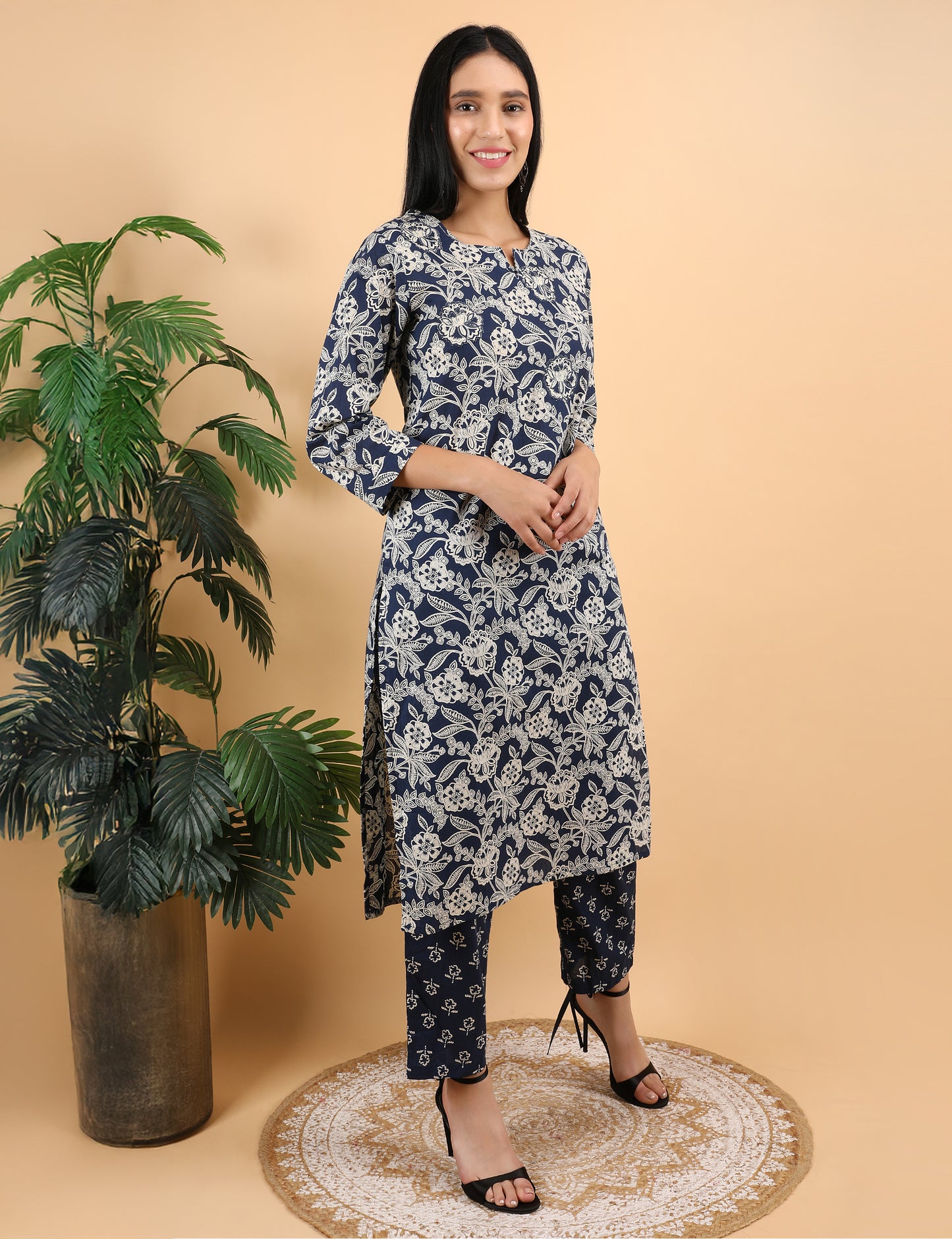 NAVY BLUE COTTON PRINTED KURTA SET