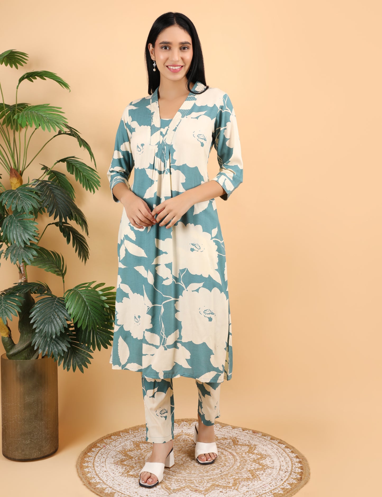 TEAL GREEN REYON PRINTED KURTA SET
