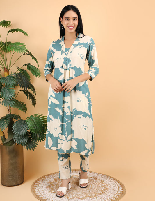 TEAL GREEN REYON PRINTED KURTA SET