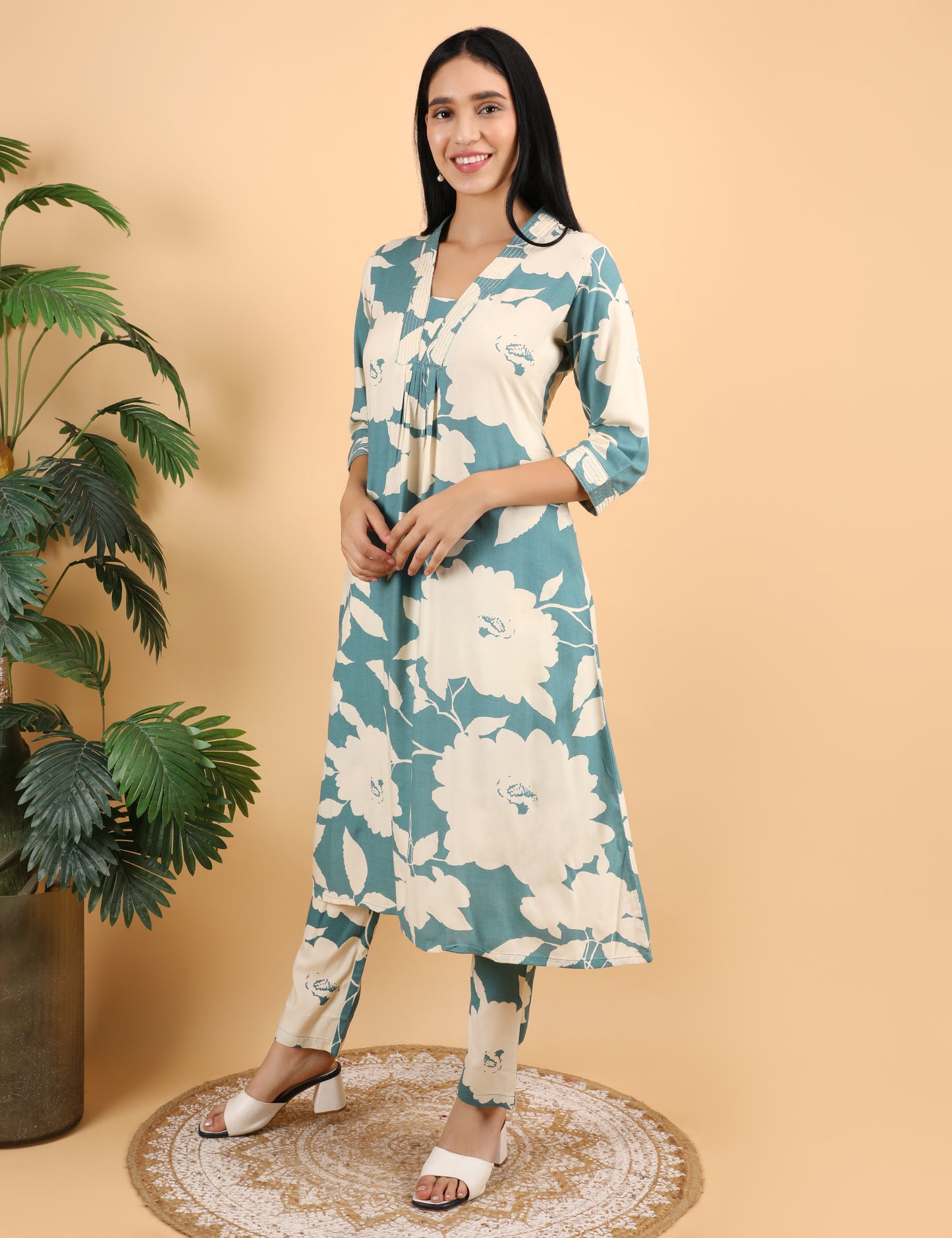 TEAL GREEN REYON PRINTED KURTA SET