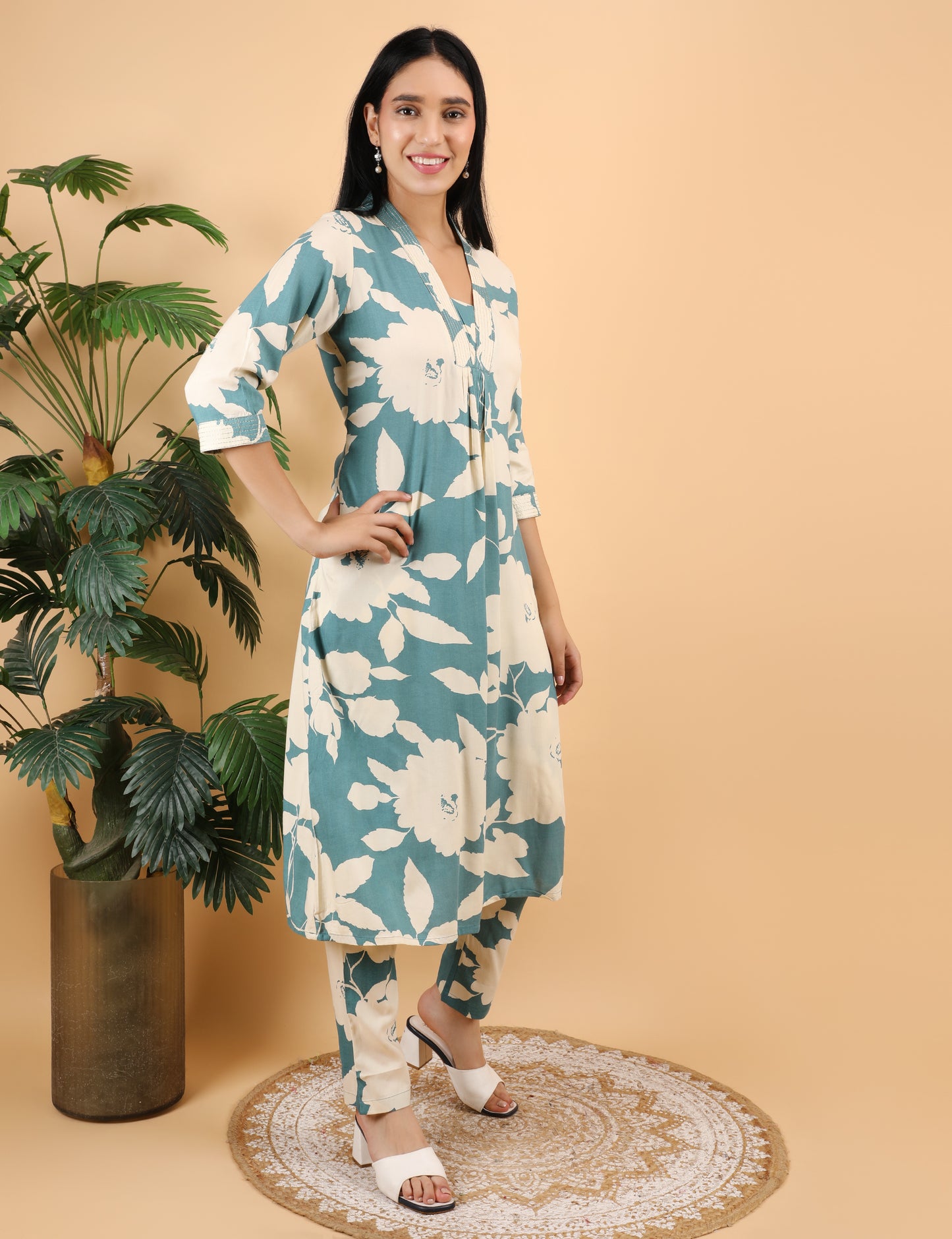 TEAL GREEN REYON PRINTED KURTA SET