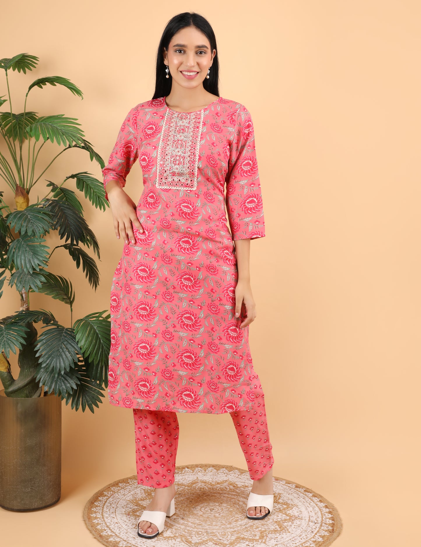 CORAL PINK COTTON PRINT STRAIGHT SUIT