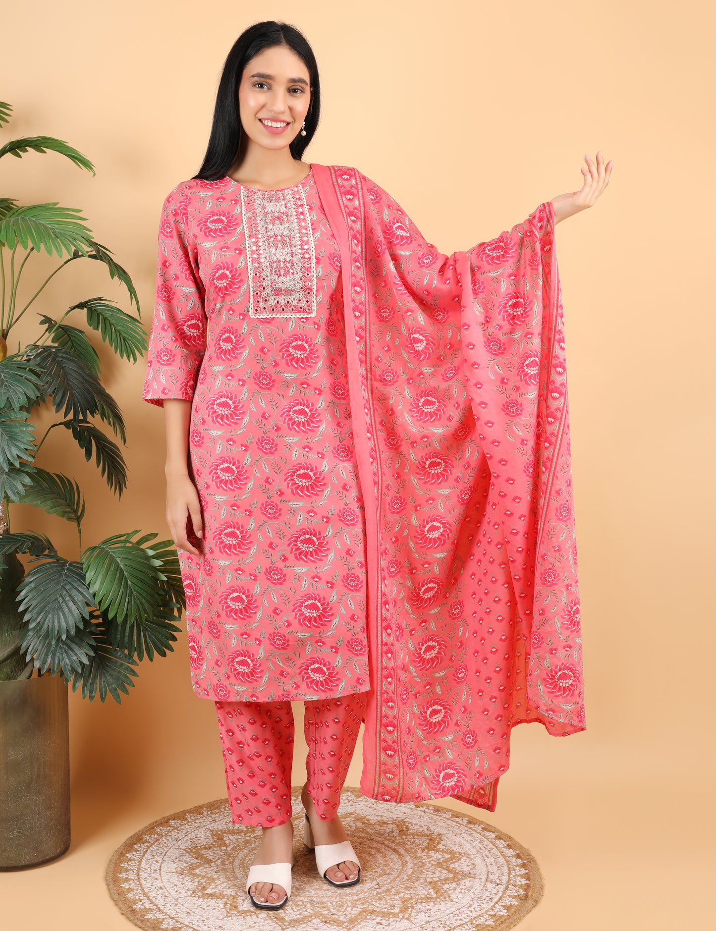 CORAL PINK COTTON PRINT STRAIGHT SUIT