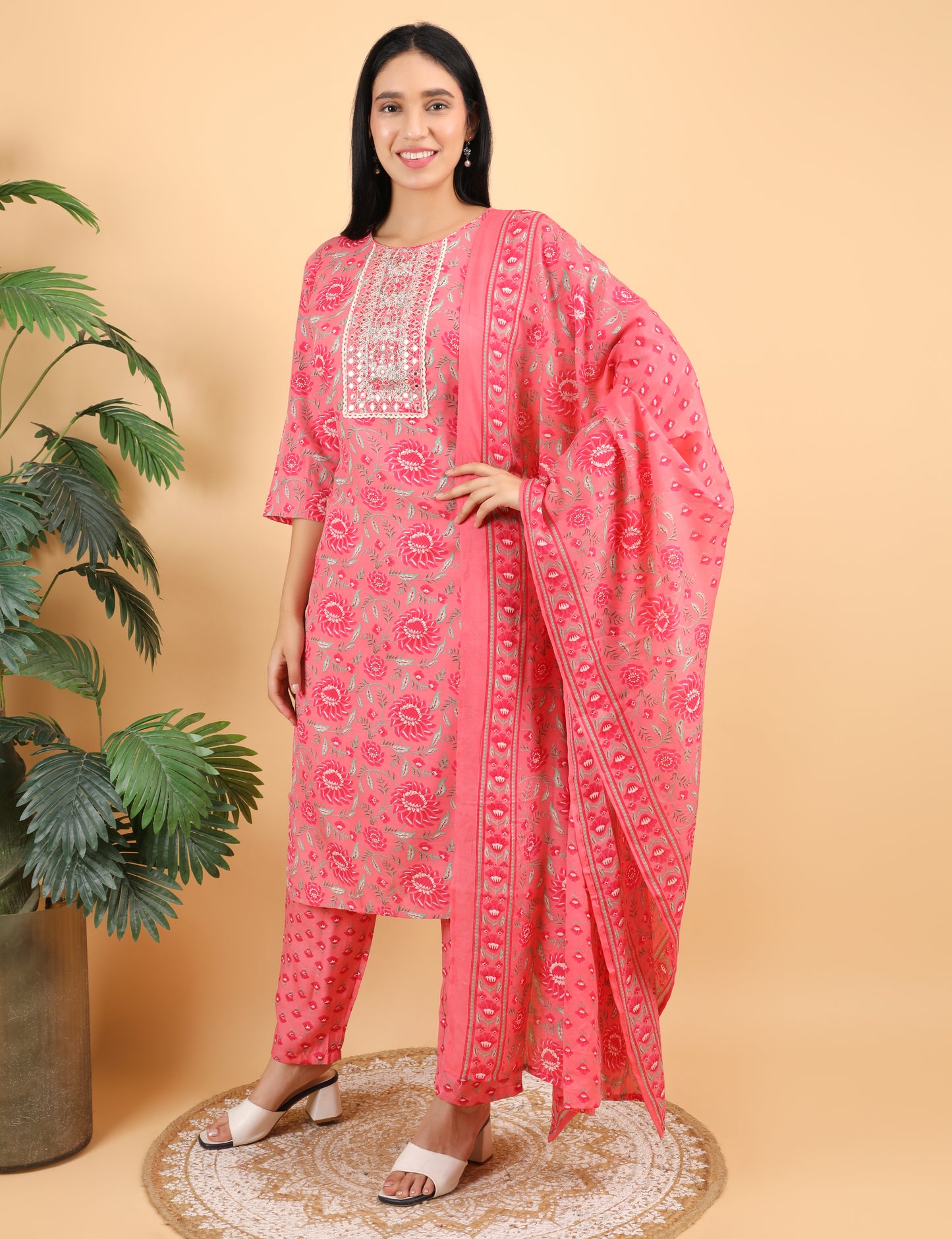 CORAL PINK COTTON PRINT STRAIGHT SUIT