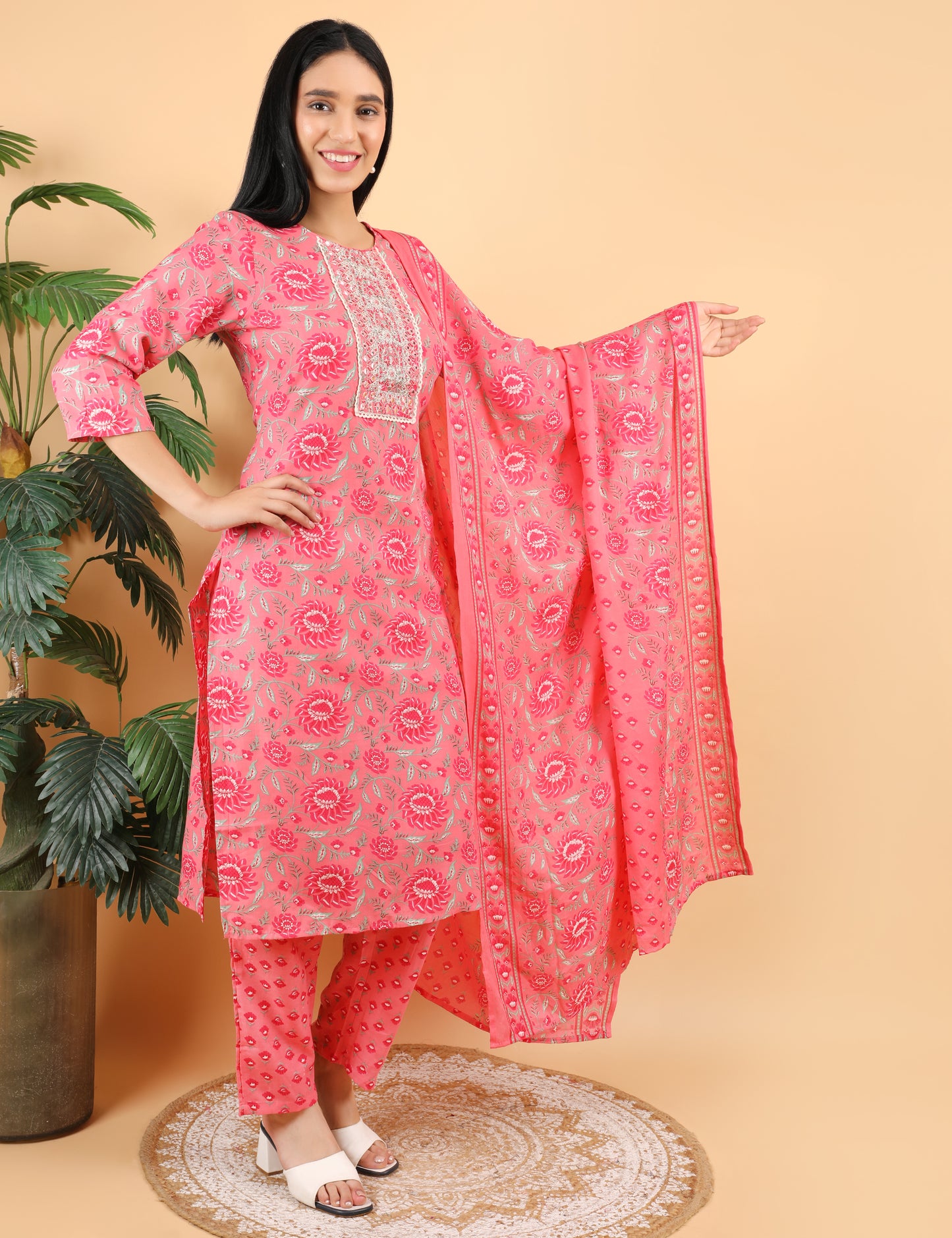 CORAL PINK COTTON PRINT STRAIGHT SUIT