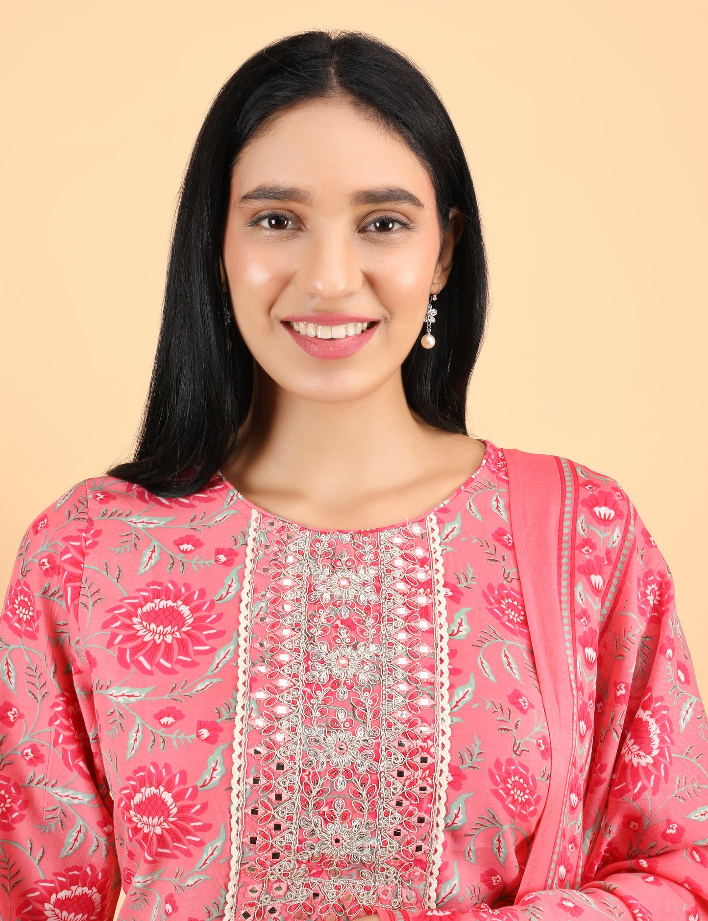 CORAL PINK COTTON PRINT STRAIGHT SUIT