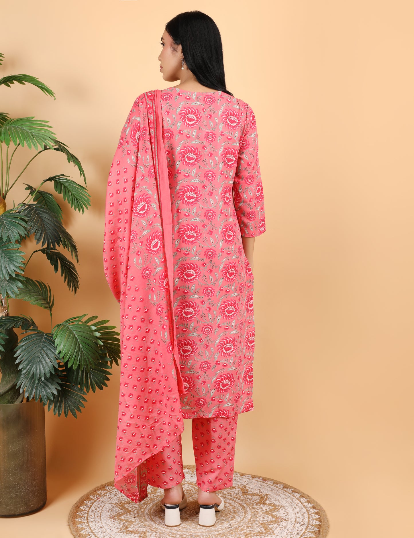 CORAL PINK COTTON PRINT STRAIGHT SUIT