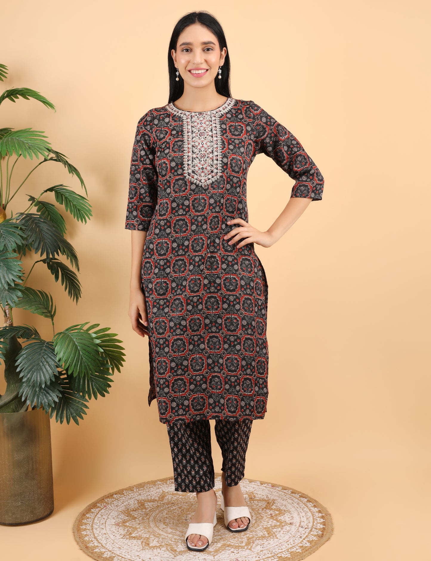 BLACK COTTON BLOCK PRINT STAIGHT SUIT