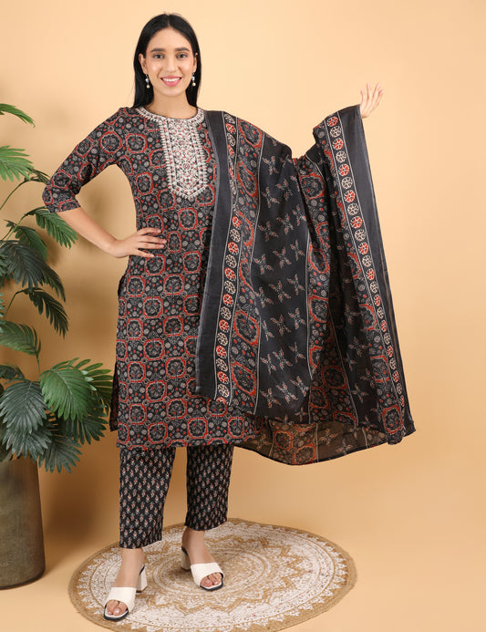 BLACK COTTON BLOCK PRINT STAIGHT SUIT