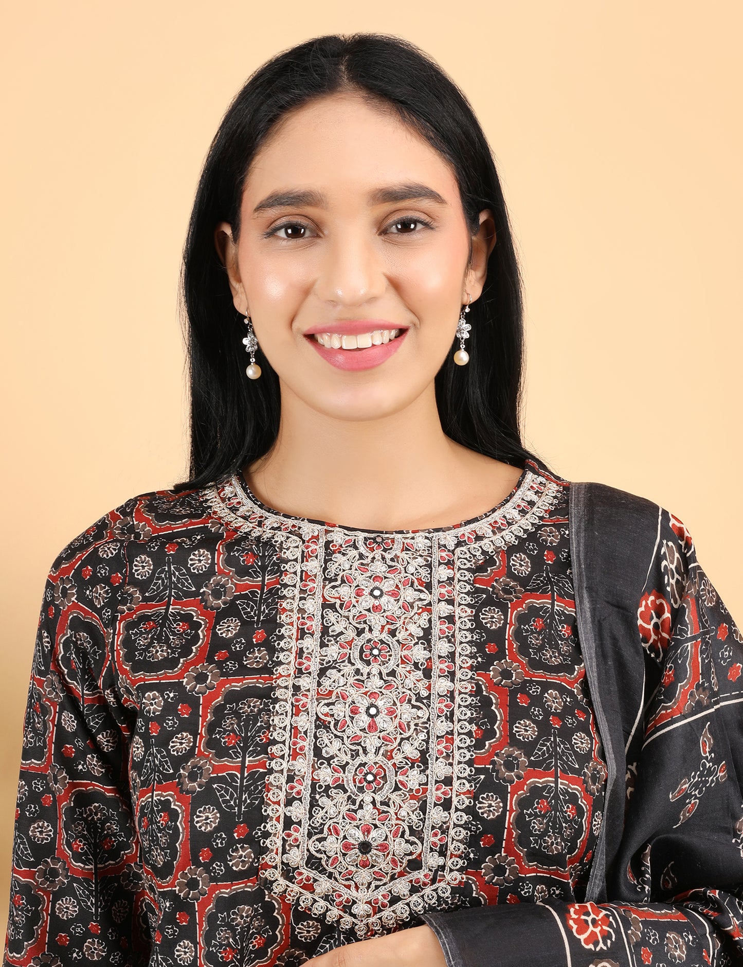 BLACK COTTON BLOCK PRINT STAIGHT SUIT