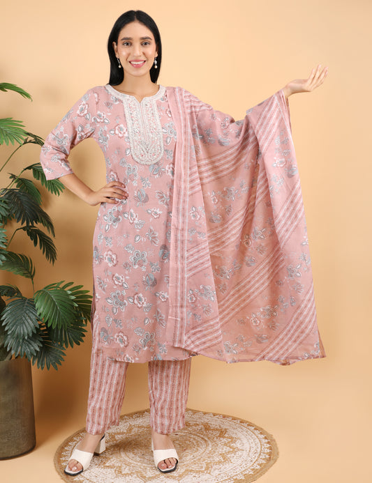 BLUSH PINK COTTON PRINT STRAIGHT SUIT