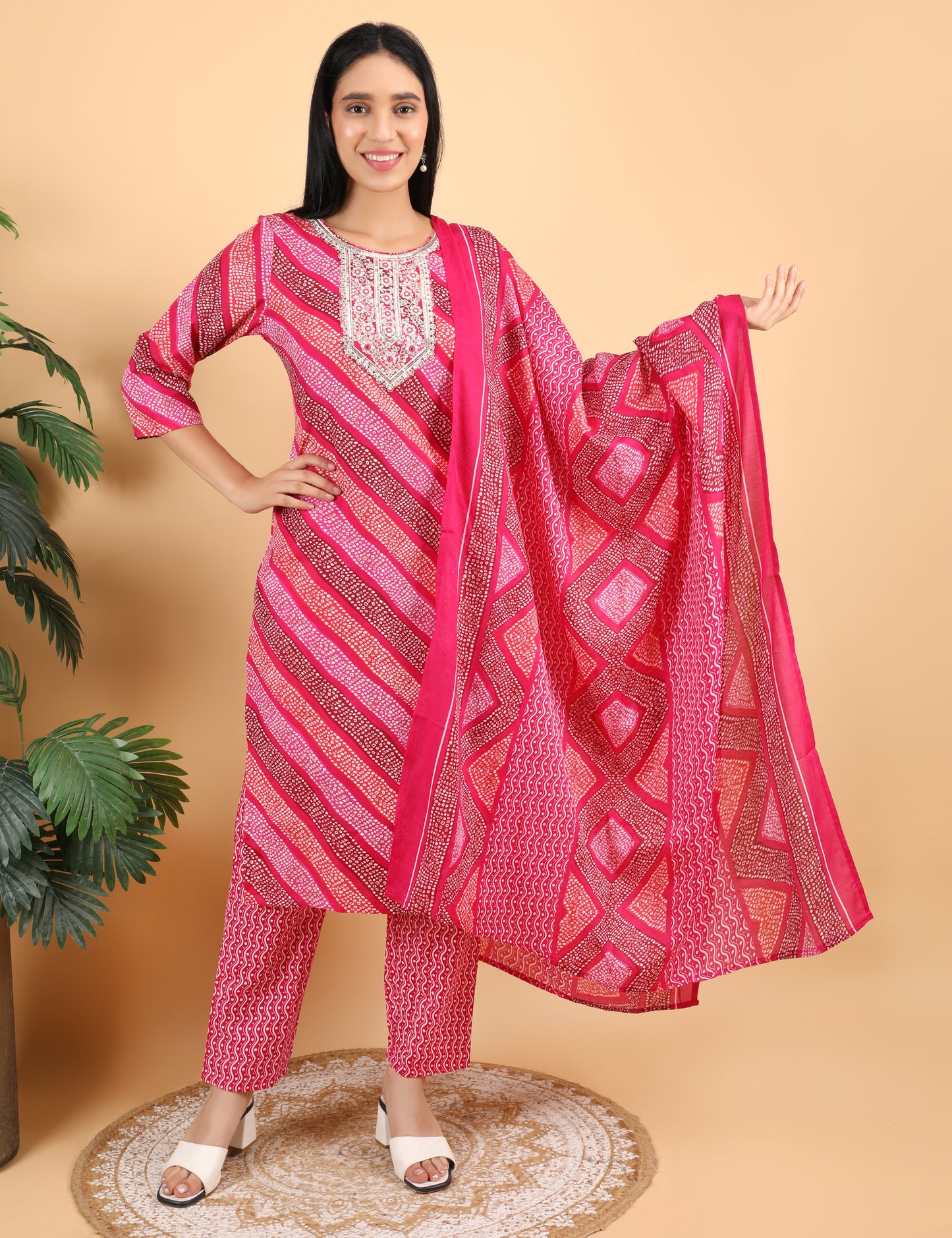 MAGENTA BANDHANI PRINT SUIT WITH DUPATTA