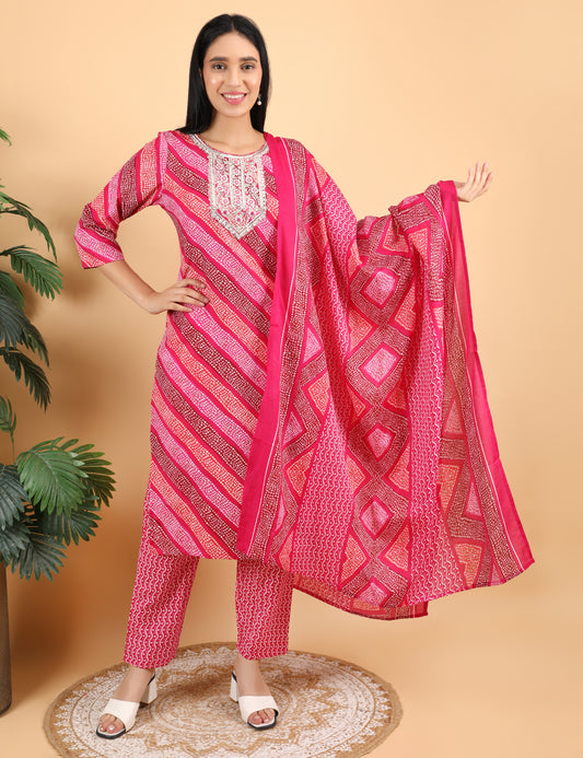 MAGENTA BANDHANI PRINT SUIT WITH DUPATTA