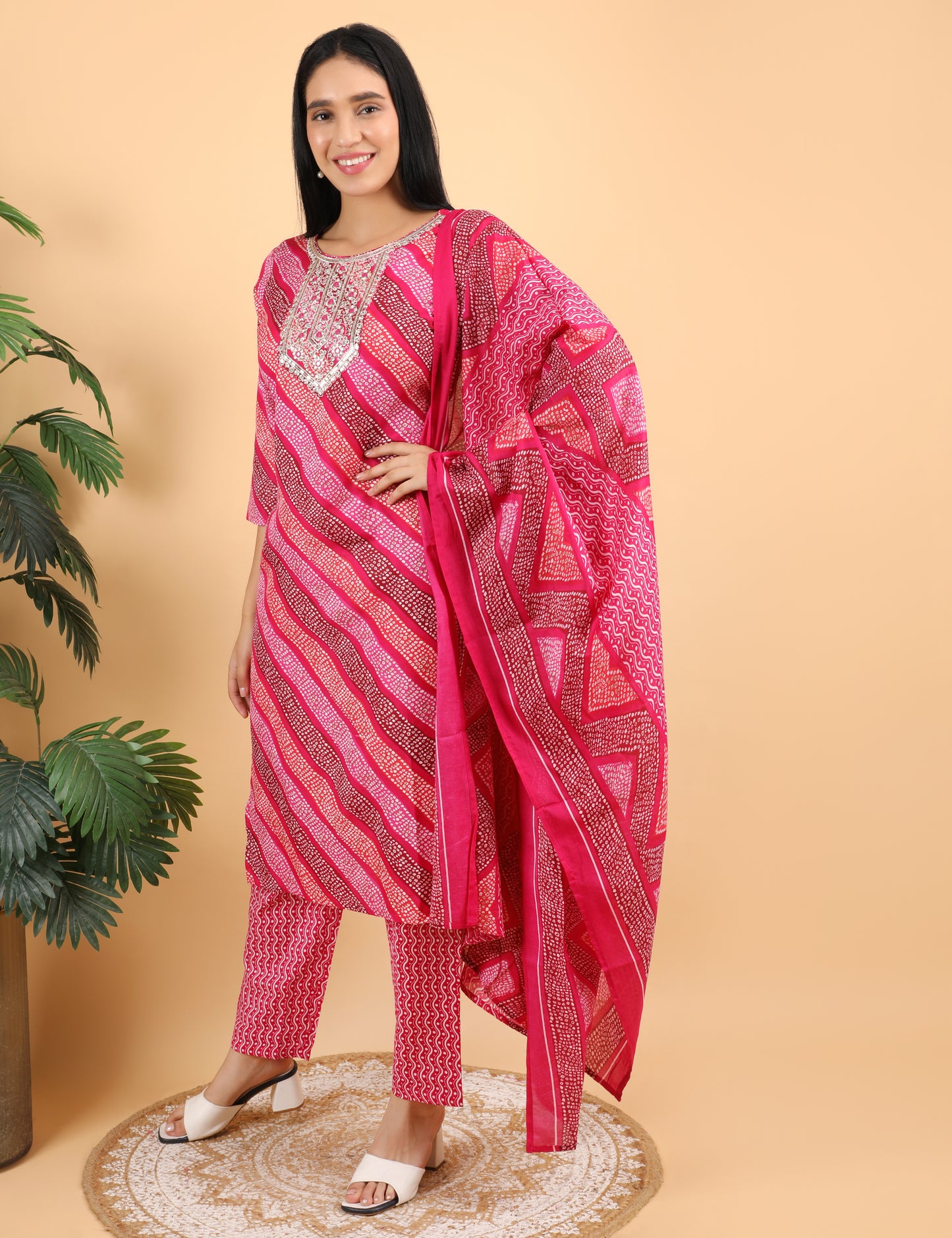 MAGENTA BANDHANI PRINT SUIT WITH DUPATTA