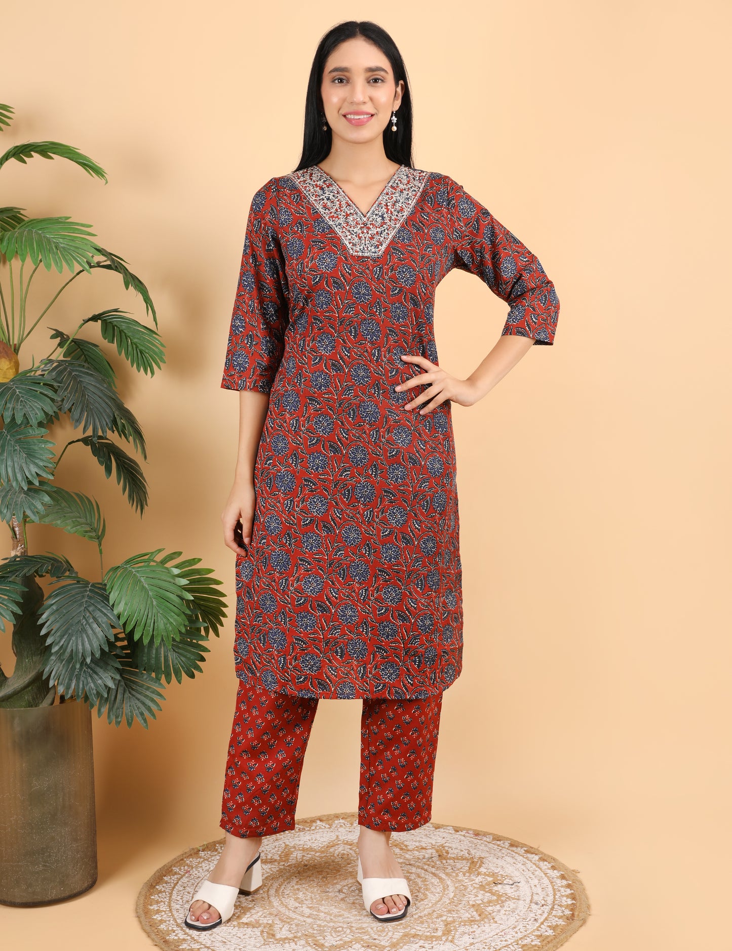 RUST RED  BLOCK PRINT COTTON  STRAIGHT SUIT
