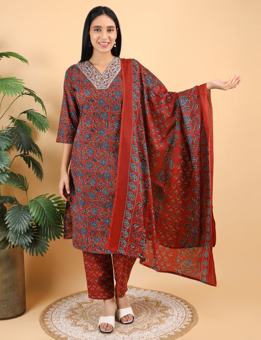 RUST RED  BLOCK PRINT COTTON  STRAIGHT SUIT