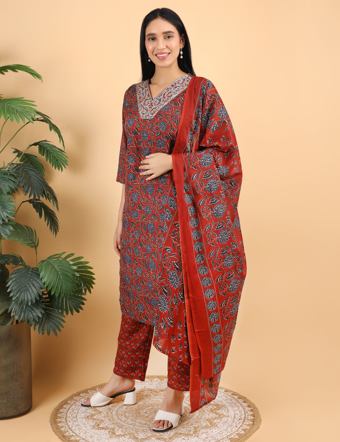 RUST RED  BLOCK PRINT COTTON  STRAIGHT SUIT