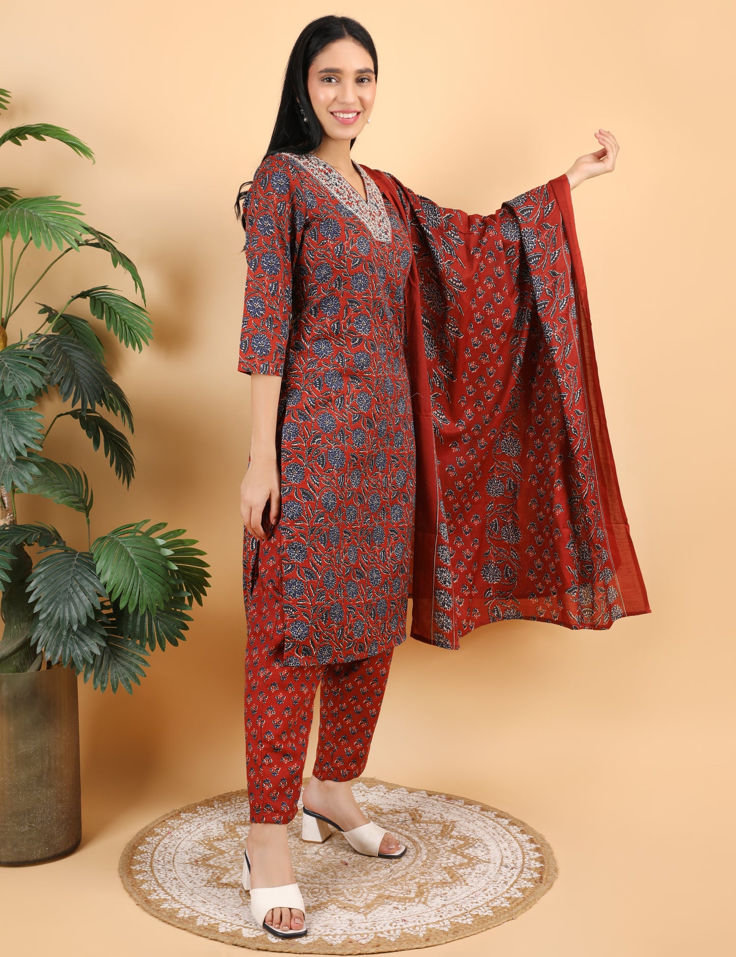 RUST RED  BLOCK PRINT COTTON  STRAIGHT SUIT