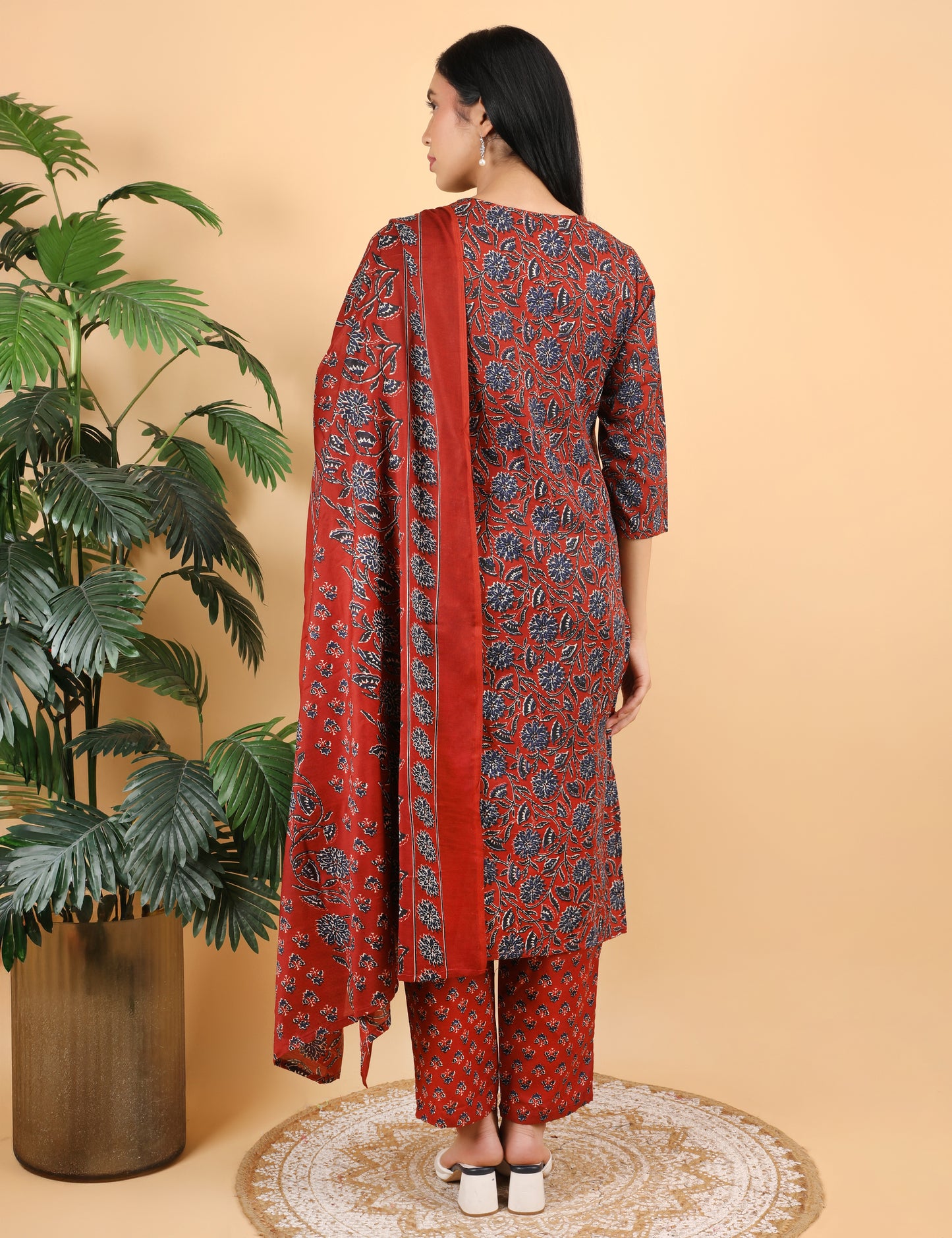 RUST RED  BLOCK PRINT COTTON  STRAIGHT SUIT