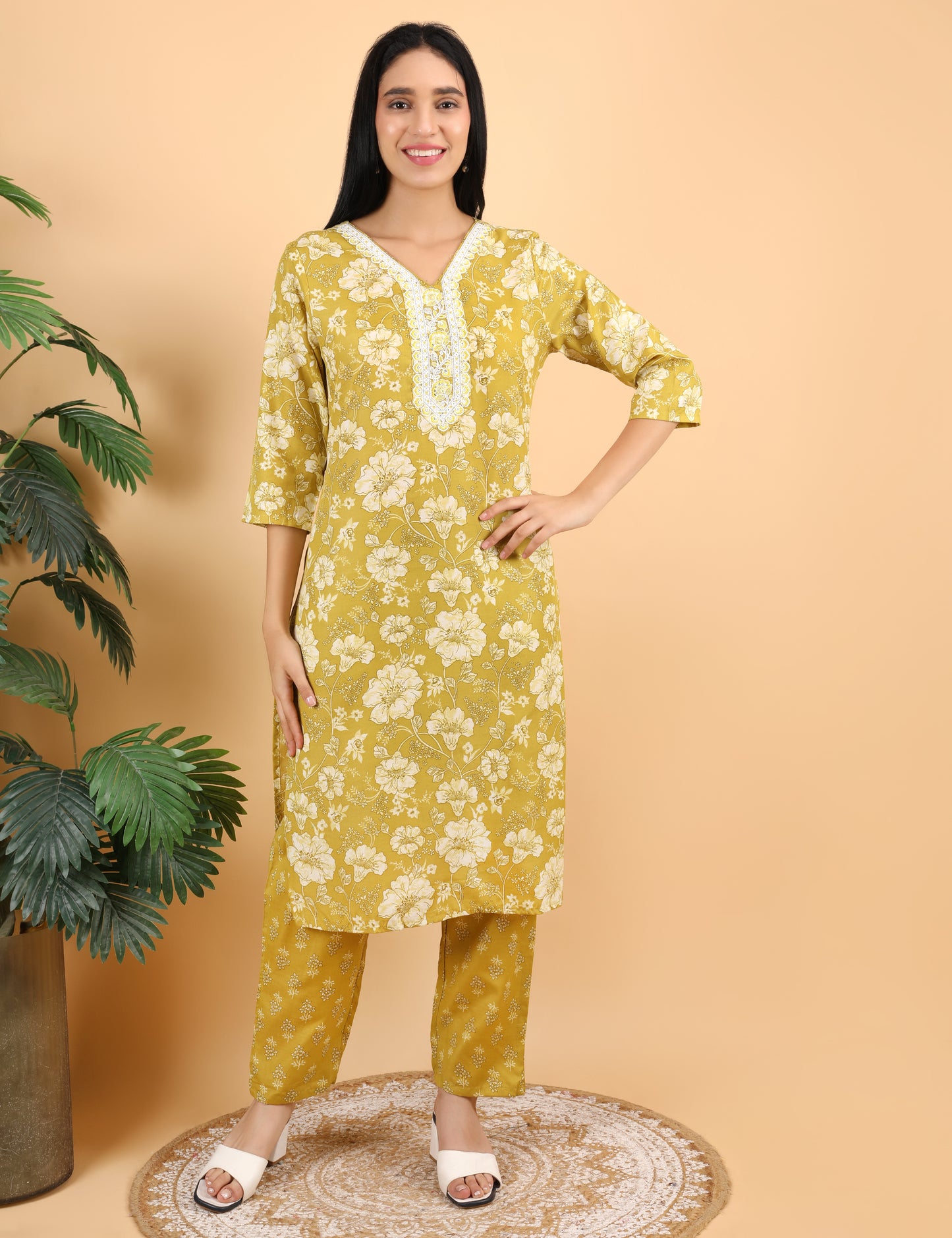 MUSTARD COTTON PRINT STRAIGHT SUIT