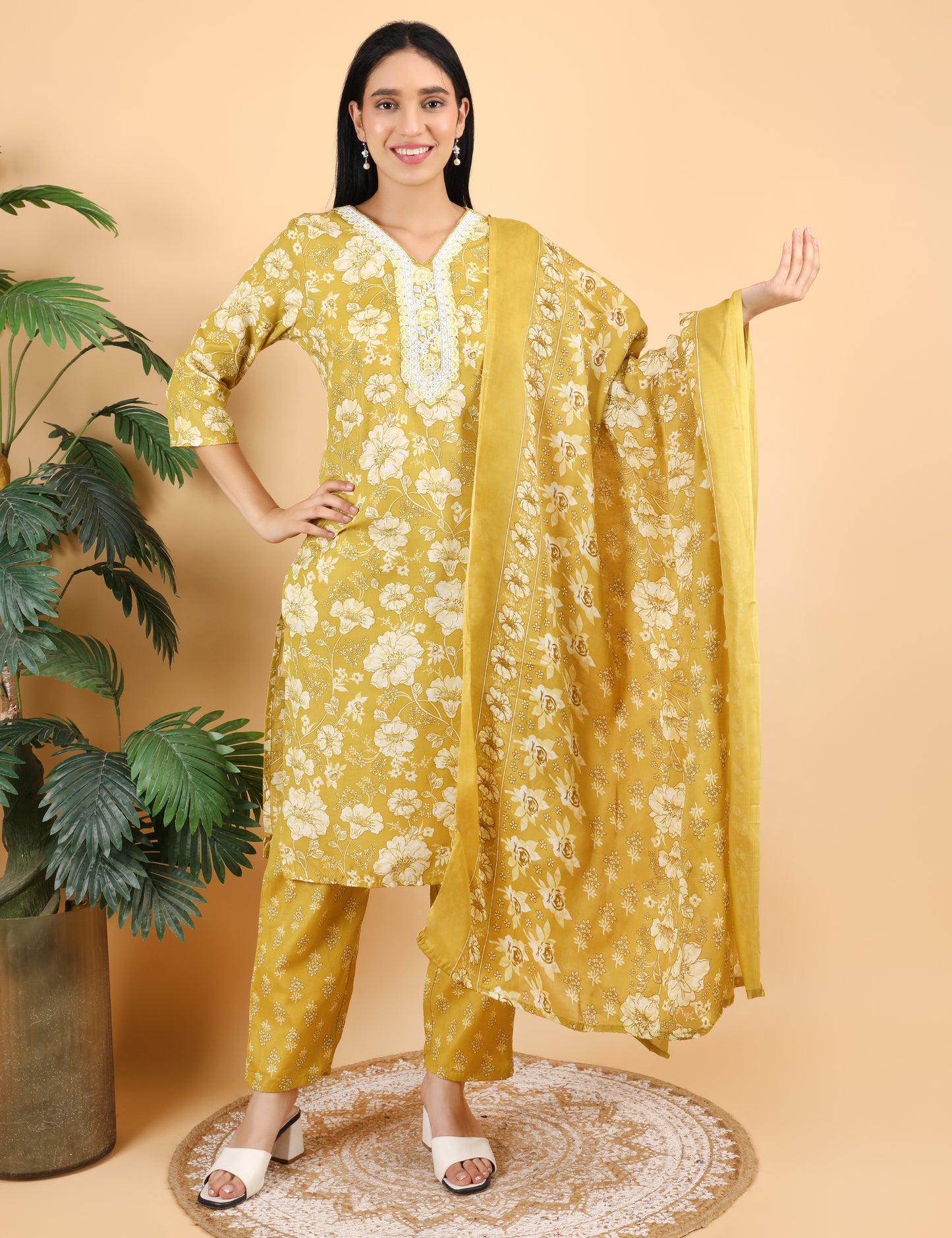 MUSTARD COTTON PRINT STRAIGHT SUIT