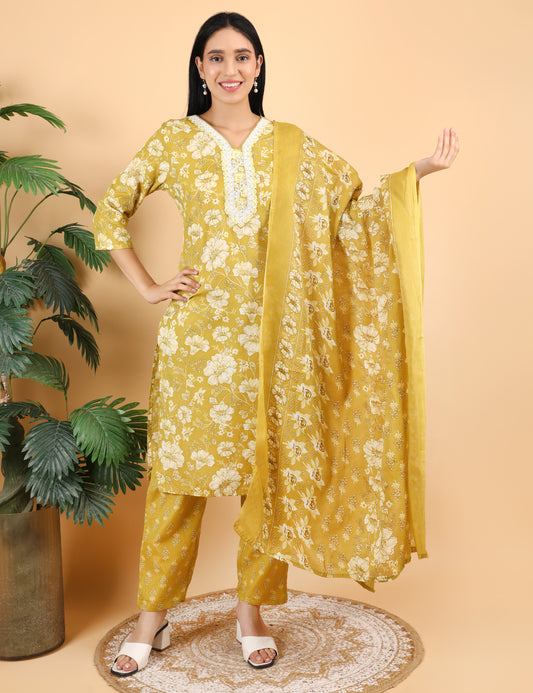 MUSTARD COTTON PRINT STRAIGHT SUIT
