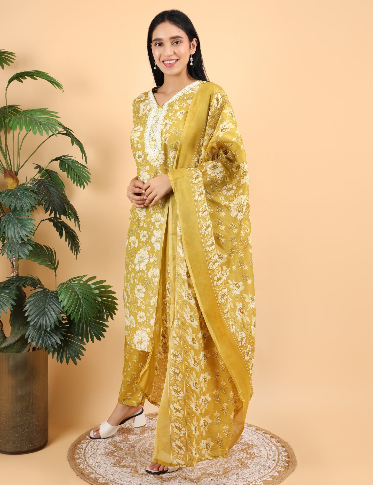 MUSTARD COTTON PRINT STRAIGHT SUIT