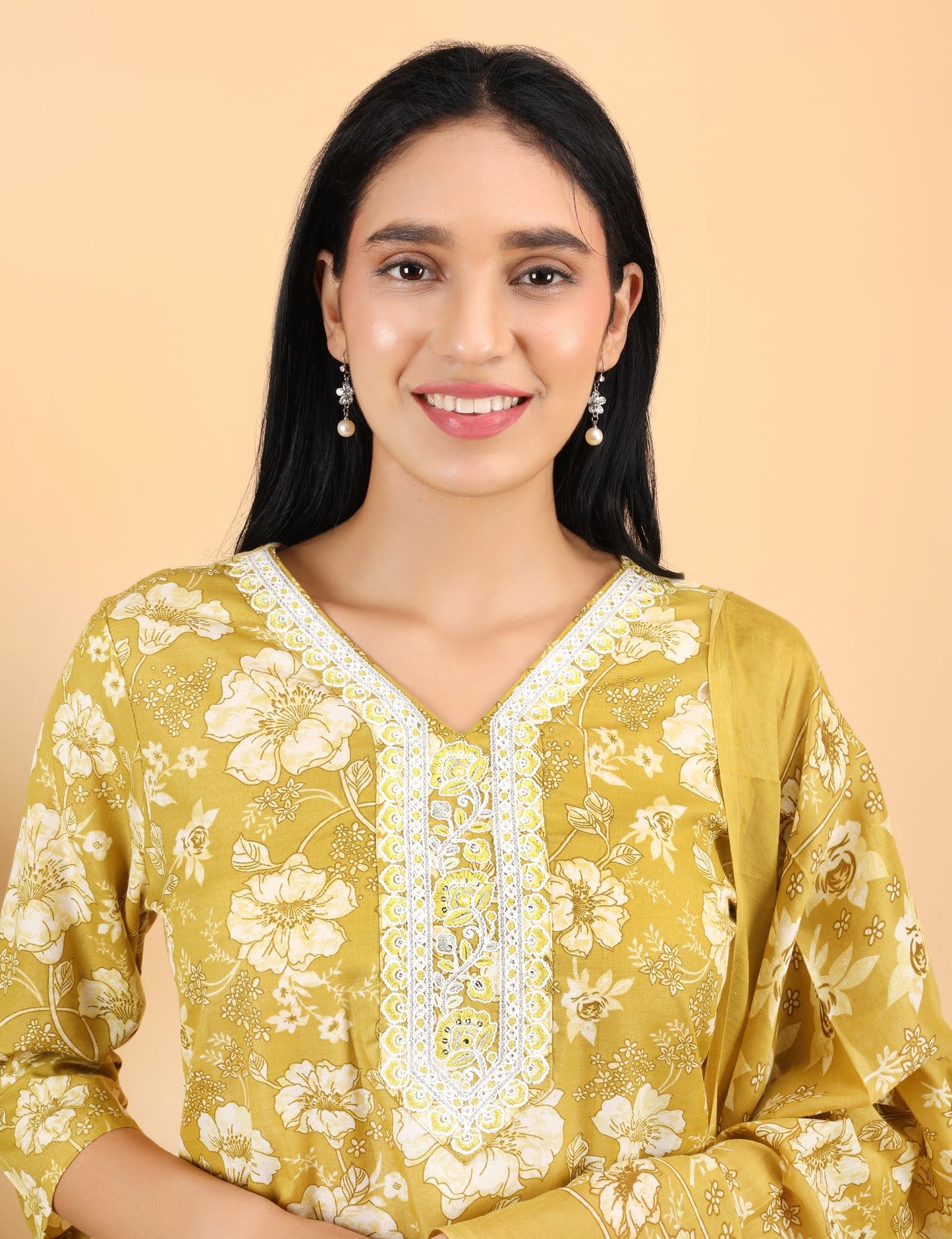 MUSTARD COTTON PRINT STRAIGHT SUIT