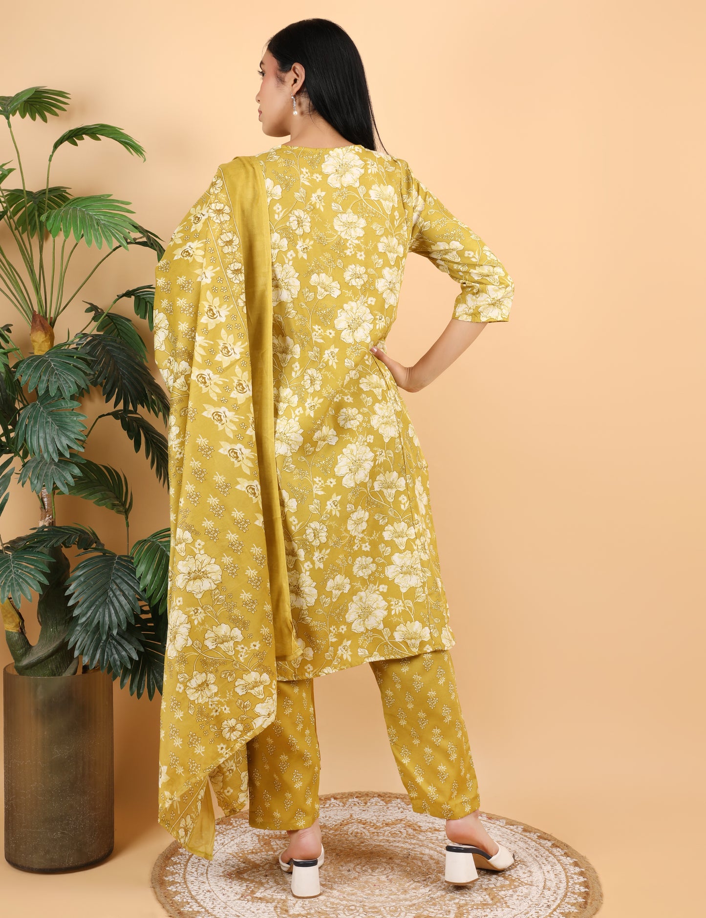 MUSTARD COTTON PRINT STRAIGHT SUIT