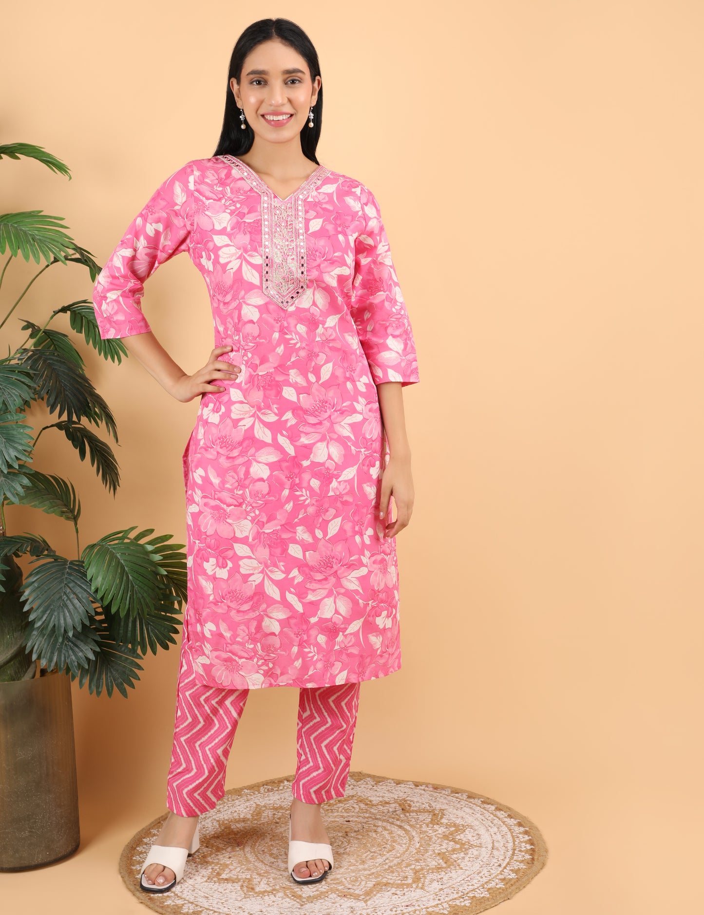 PINK COTTON PRINT STAIGHT SUIT