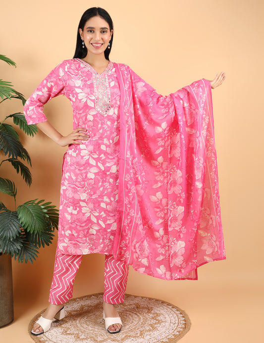 PINK COTTON PRINT STAIGHT SUIT