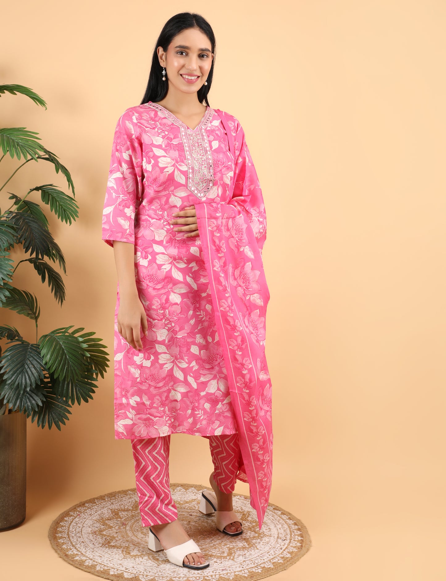 PINK COTTON PRINT STAIGHT SUIT
