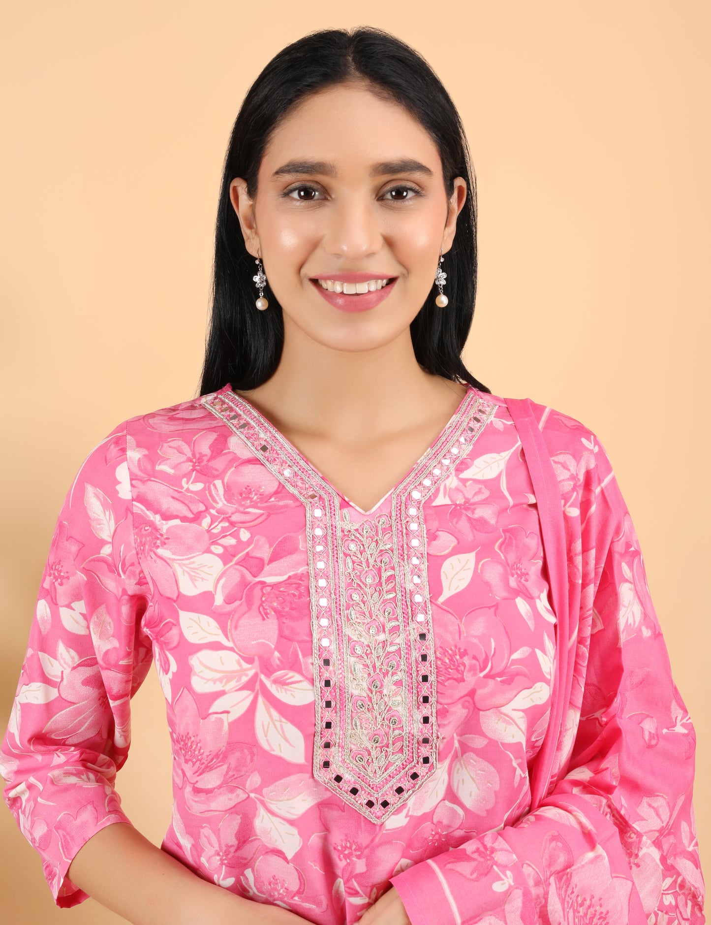 PINK COTTON PRINT STAIGHT SUIT
