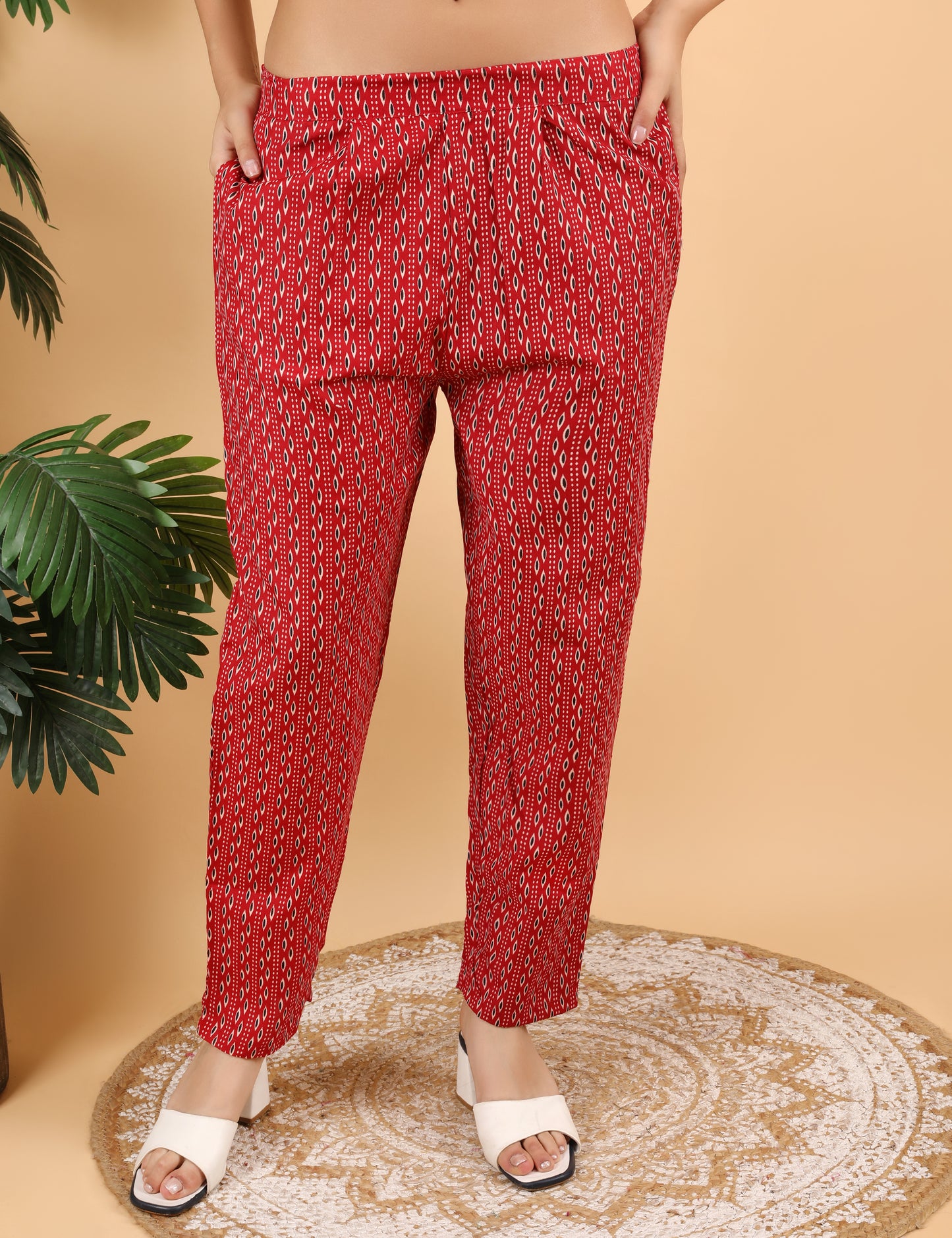 RED COTTON BLOCK PRINT STRAIGHT SUIT