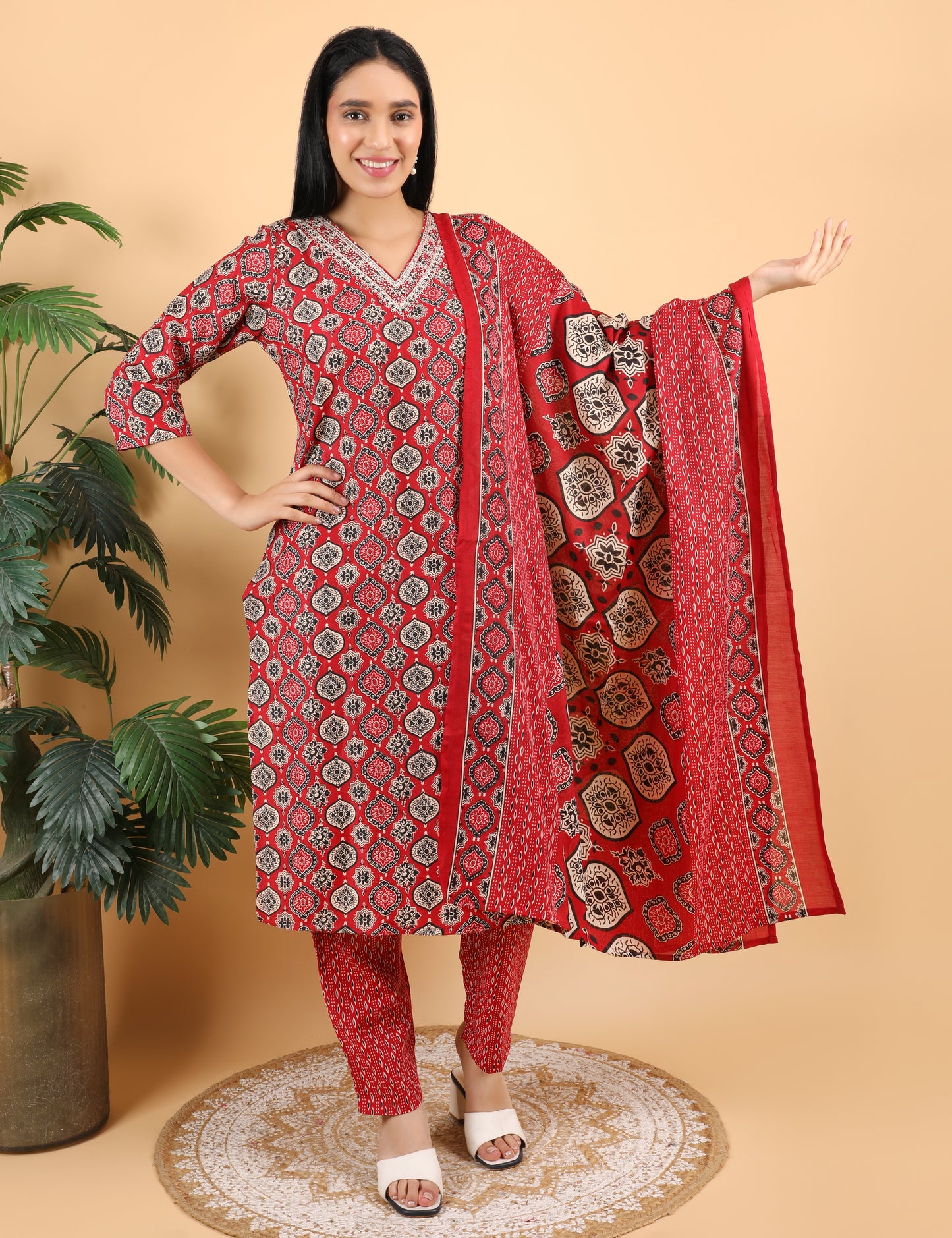 RED COTTON BLOCK PRINT STRAIGHT SUIT