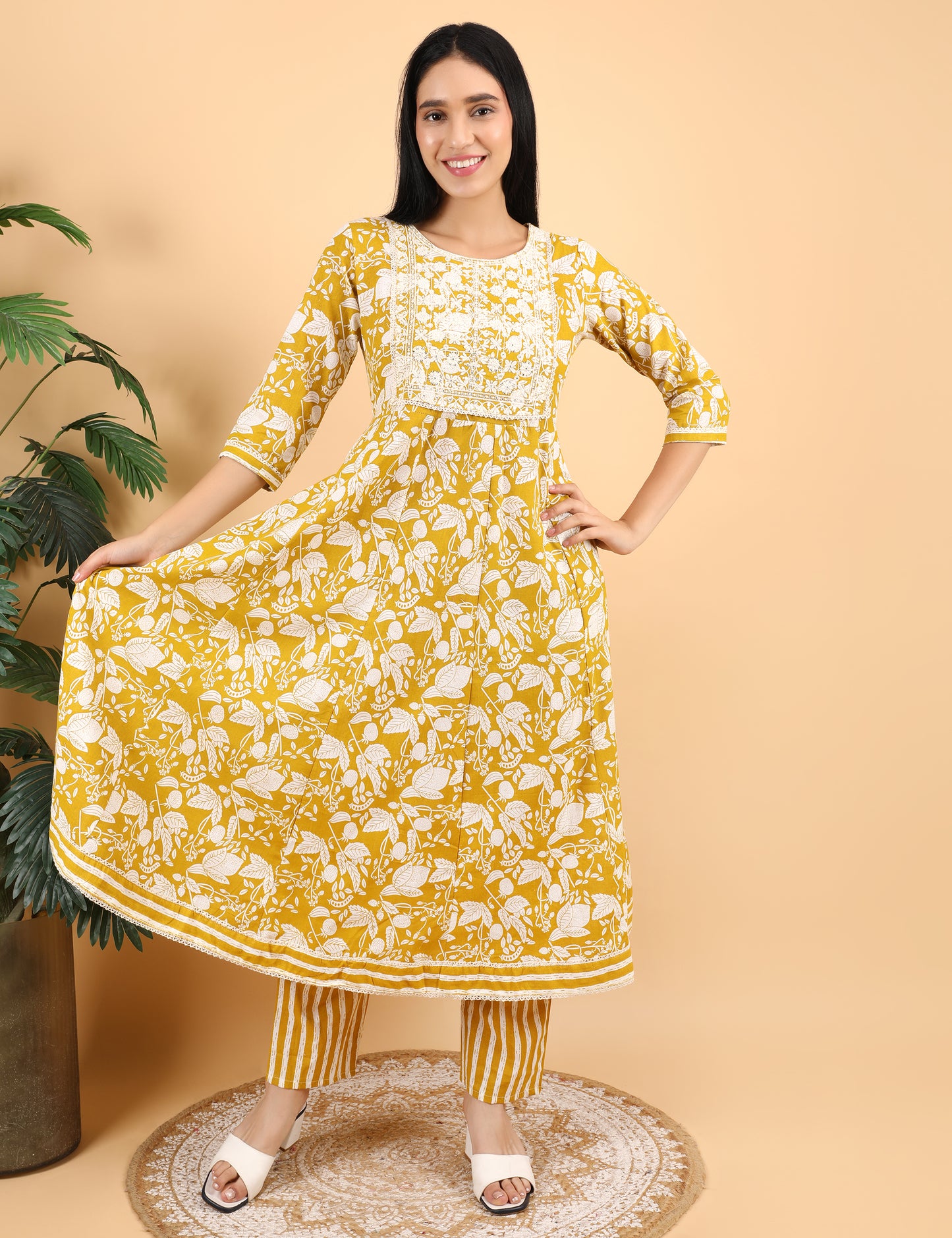 MUSTARD YELLOW COTTON PRINT ANARKALI SUIT WITH DUPATTA