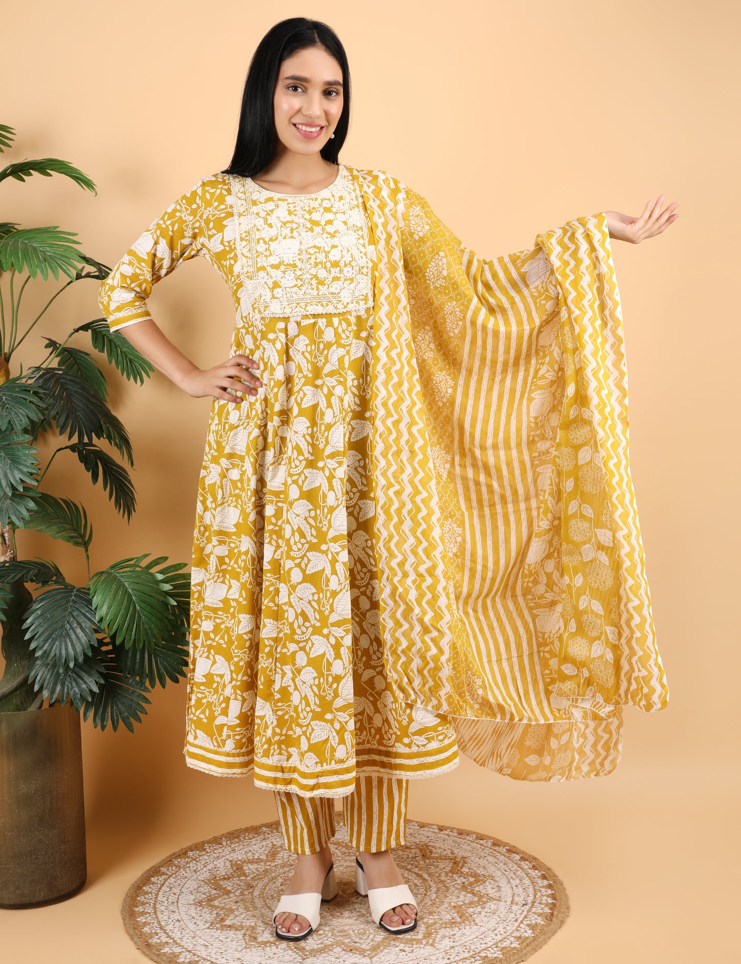 MUSTARD YELLOW COTTON PRINT ANARKALI SUIT WITH DUPATTA